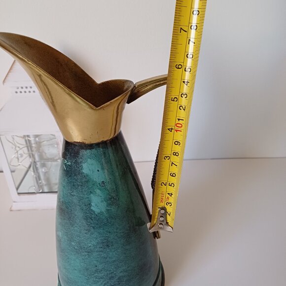 Vintage Oppenheim Turquoise Enamel & Solid Brass Pitcher Jug Made in Israel 11'' - Picture 10 of 11